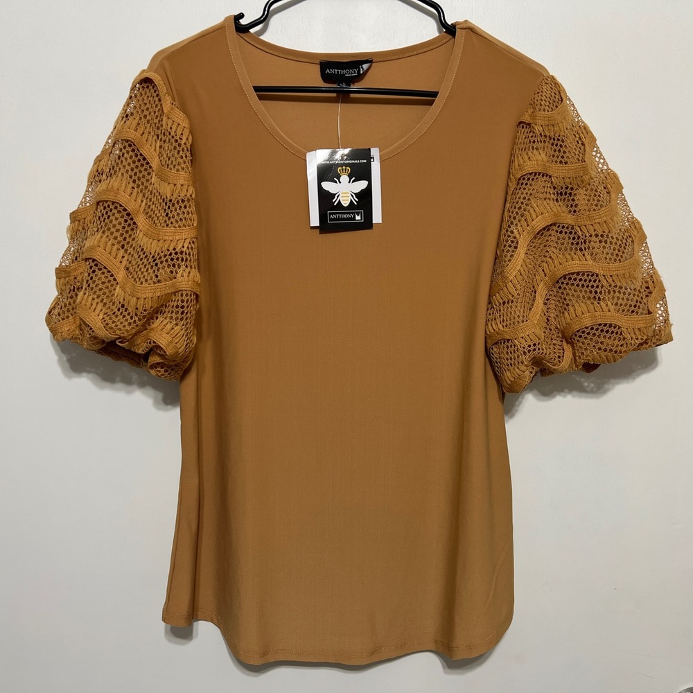 Antthony Original Womens Puff Crochet Sleeve‎ Top Size L Mustard Yellow Boho